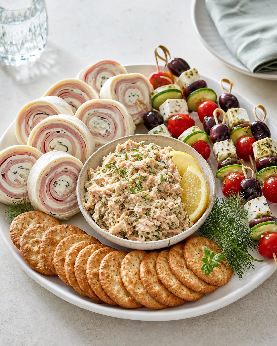 Plateau d’apéro dînatoire froid préparé la veille avec rillettes de maquereau, roulés jambon fromage frais, brochettes concombre tomate feta et crackers