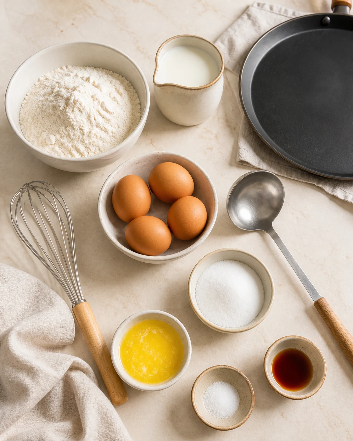 Ingrédients pour crêpes maison avec farine, œufs, lait, sucre, vanille, louche, fouet et poêle sur plan clair