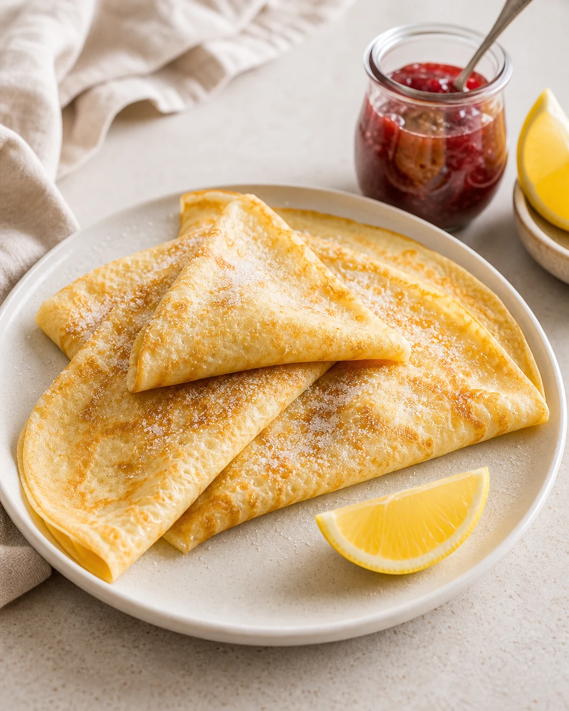 Crêpes pliées servies tièdes avec sucre, quartier de citron et confiture de fruits rouges