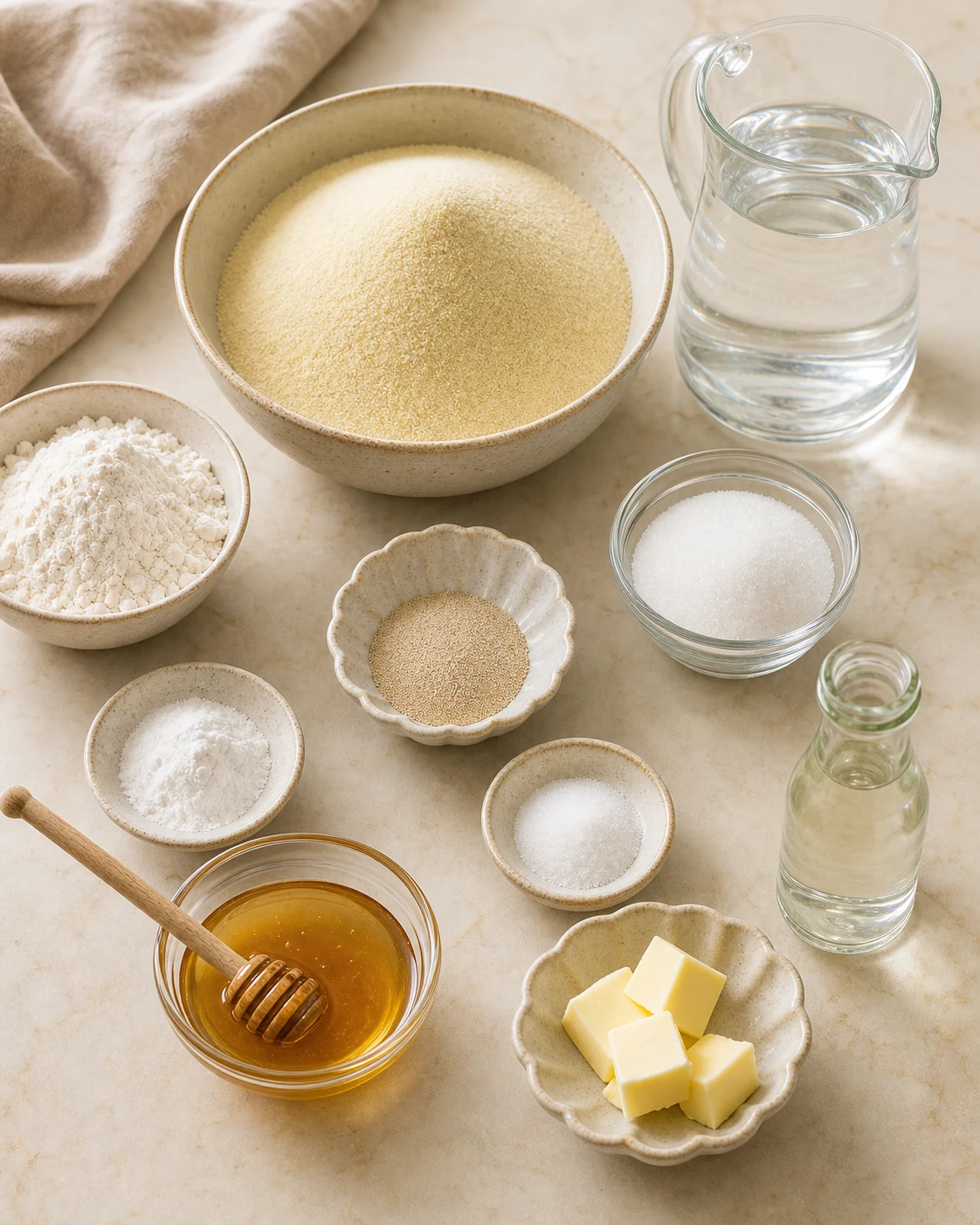 Ingredients pour baghrir avec semoule fine, farine, levures, eau tiede, miel et beurre sur plan de travail clair