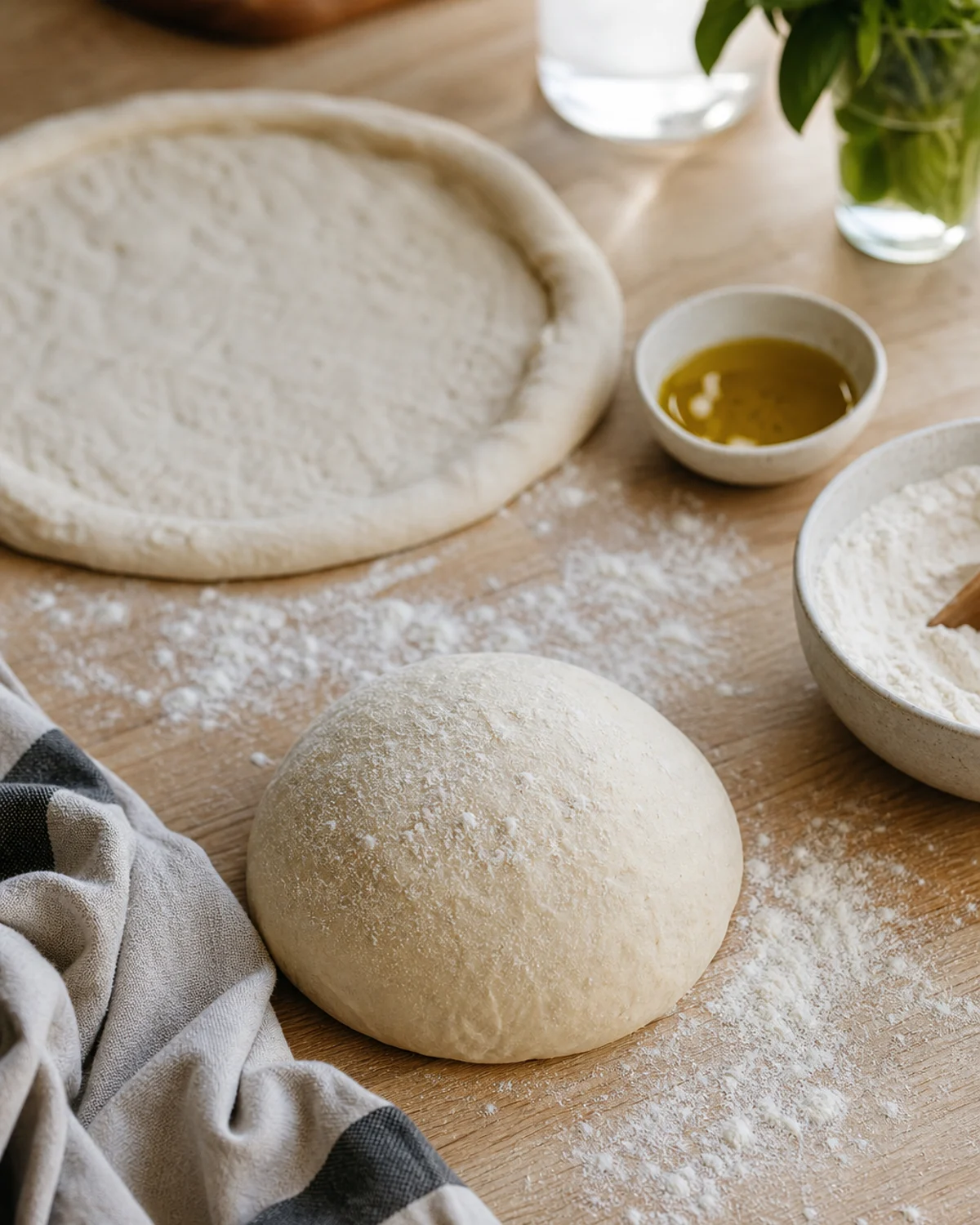Pâte à pizza maison souple sur plan de travail fariné avec pâton prêt à garnir