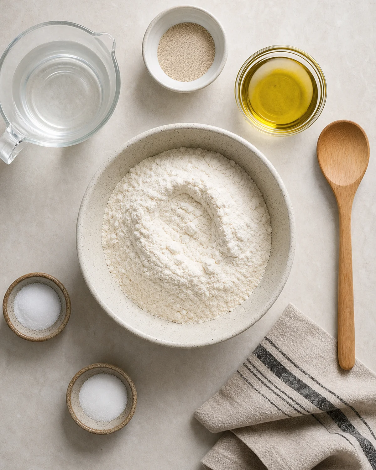 Farine, eau tiède, levure, huile d’olive, sel et sucre pour pâte à pizza maison