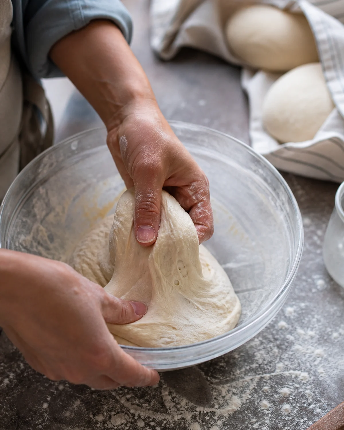 Pâte à pizza maison en cours de pétrissage avec farine et pâtons couverts