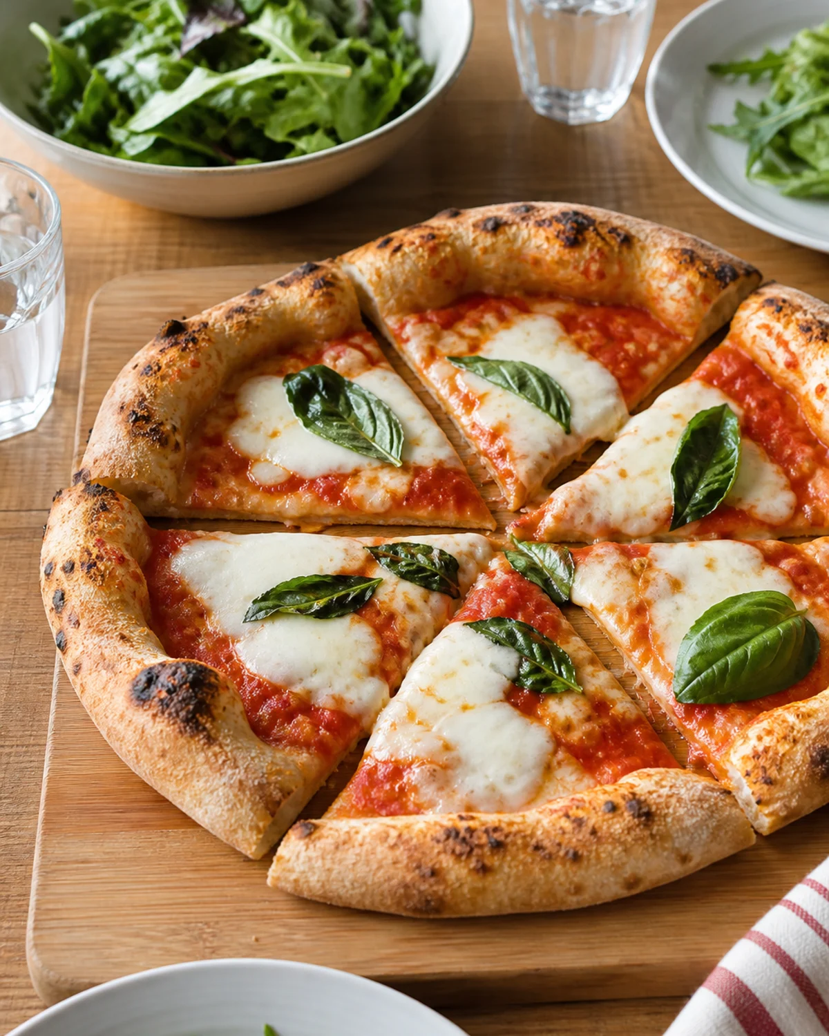 Pizza maison dorée servie en parts avec pâte souple et corniche gonflée