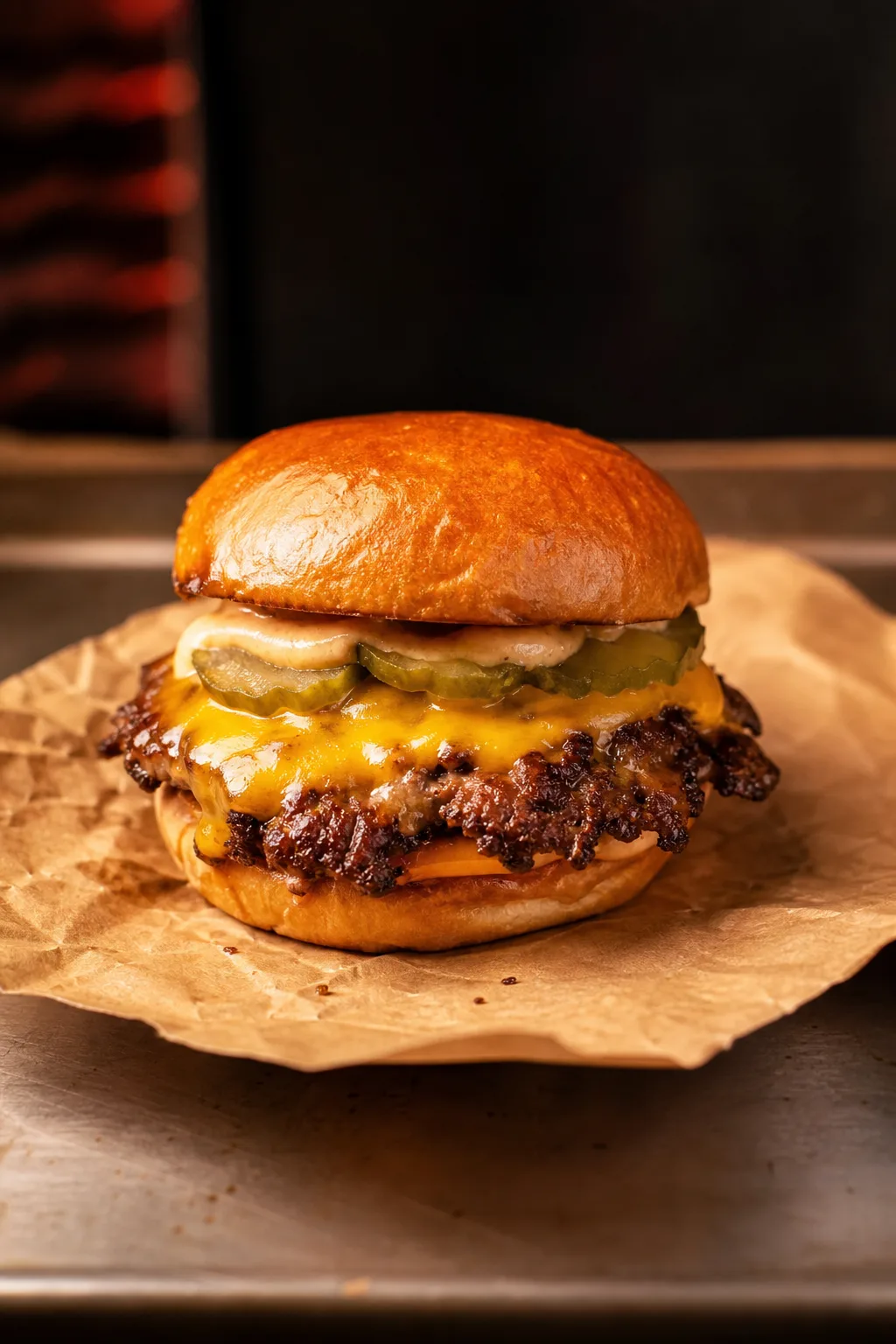 Smash burger maison servi dans une présentation finale appétissante