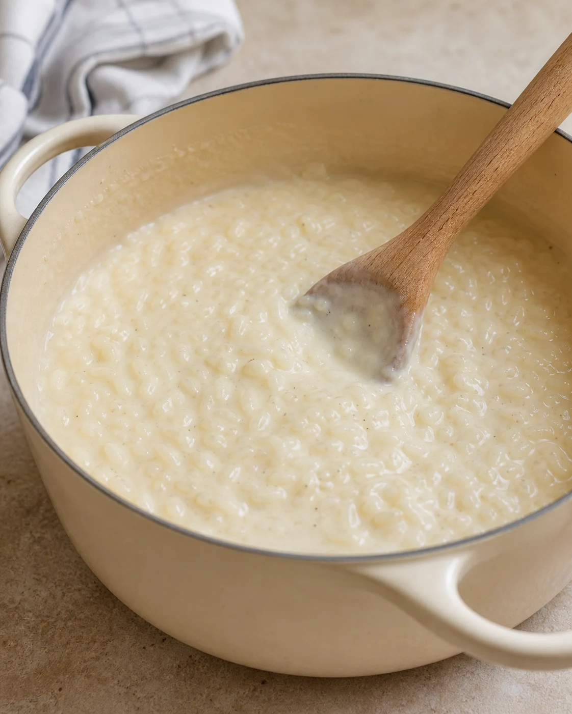 Riz au lait en cuisson douce dans une casserole avec cuillere en bois et texture nappante a la vanille