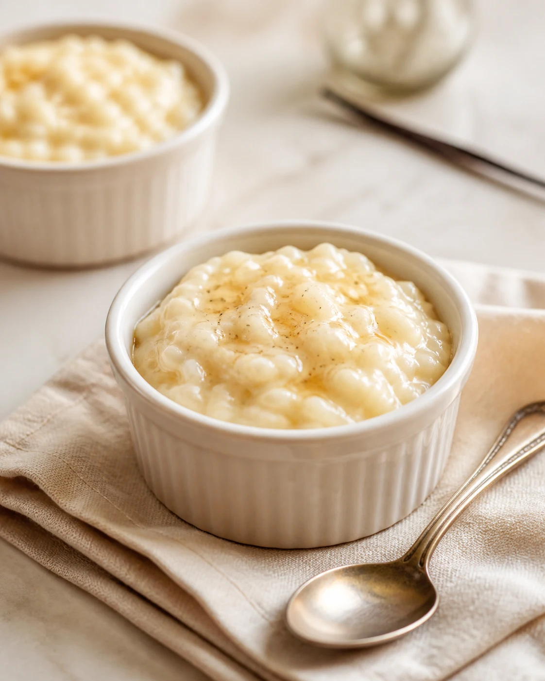 Ramequins de riz au lait cremeux servis avec cuillere dessert et filet de caramel leger