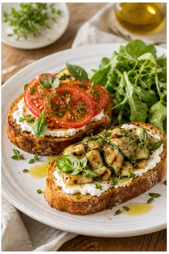 Tartines dorées au fromage frais, tomate, légumes grillés et herbes fraîches